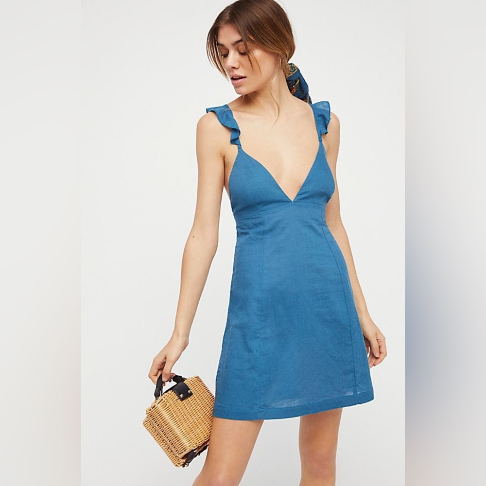 Free People Josie Blue Ruffle Strap Mini Dress